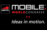 Mobile World Congress logo graphic, caption is Ideas in motion, red text on black