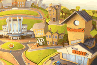 Warburtons video streaming image, cartoon style with a bakery and various other locations to visit